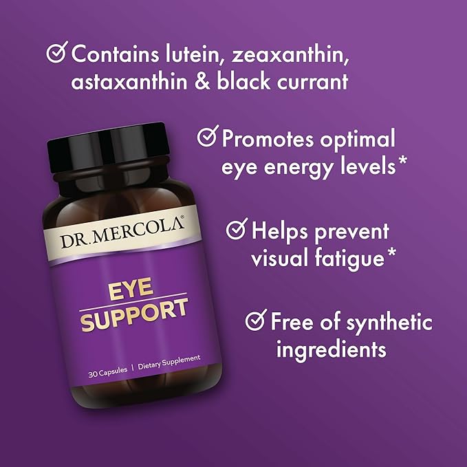 Dr. Mercola Eye Support - Supports Eye &amp Vision Health - with Lutein Zeaxanthin Organic Astaxanthin &amp Black Currant - Non-GMO Gluten-Free &amp Soy Free - 30 Capsules (30 Servings)