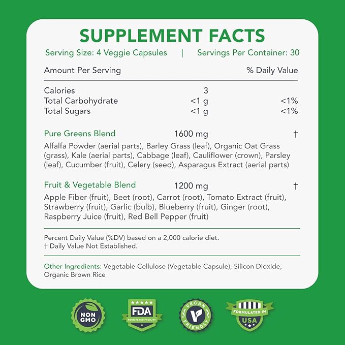 KaraMD Pure Nature | Greens Fruit and Veggies Supplement | Vitamins Fiber &amp Antioxidants | 20 Fruits and Vegetables Supplements for Energy &amp Digestion | Gluten Free &amp Vegan Friendly (3 P