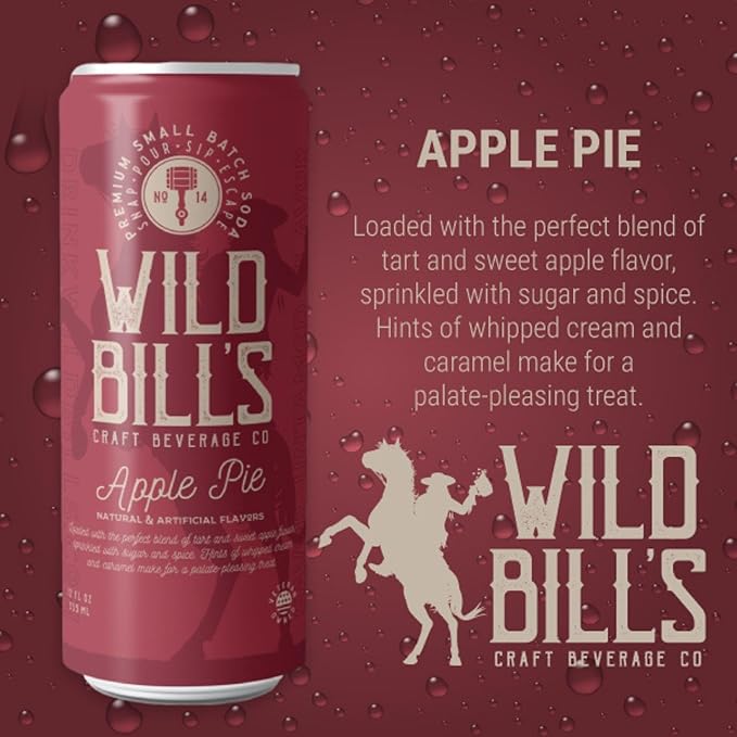 Wild Bill's Apple Pie Soda Classic Craft Soda Pop Soft Drinks Sodas Made with Pure Cane Sugar Caffeine Free NO High Fructose Corn Syrup Gluten Free Vegan Low Sodium 12 Oz 12 Pack