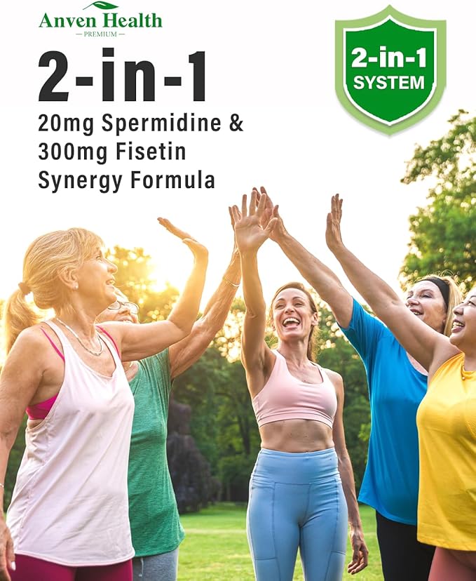 Spermidine &amp Fisetin Supplement - 20mg of 99% Spermidine Per Serving 3HCL &amp 300mg Fisetin for Women Men Cell Renewal Aging Defense &amp Longevity Gluten Free Non-GMO Made in USA | 30 Veg