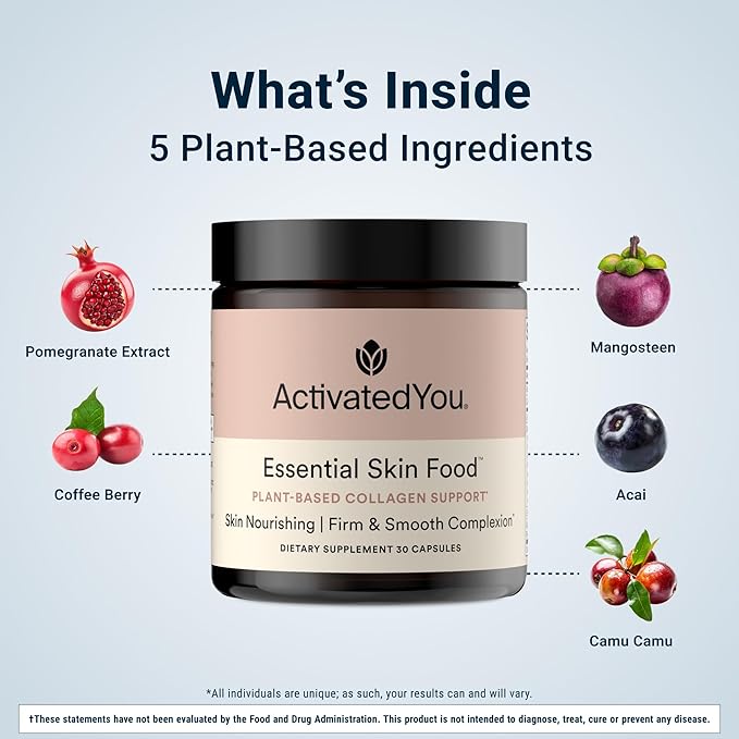 ACTIVATEDYOU Essential Skin Food Advanced Skincare Collagen Elastin Support Supplement for Aging Skin Helps Improve Appearance of Face Texture Sagging w/Dermaval Vitamin C (30 Count (Pack of 3))