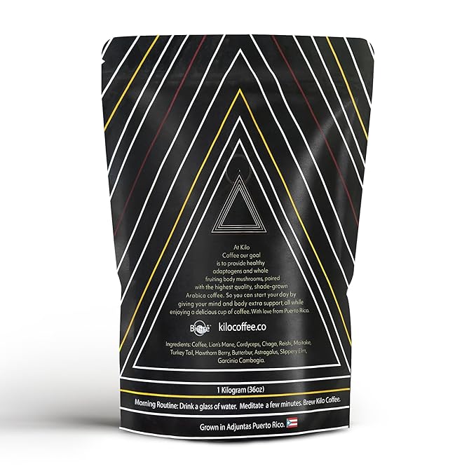 Kilo Coffee - 1 Kilogram Adaptogenic Mushroom Coffee. Whole Fruiting Body: Lions Mane Chaga Reishi Cordyceps. Single Origin from Puerto Rico Low Acid. 2.2lbs