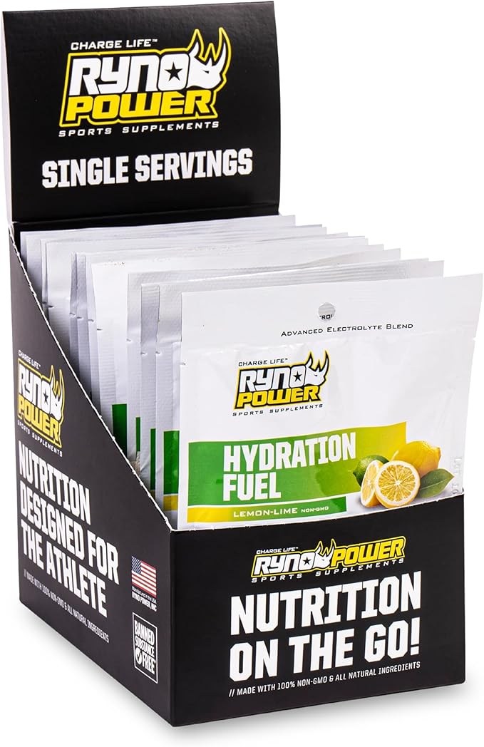 Ryno Power Hydration Fuel Electrolyte Drink Mix Single Caddy (12 Servings) 'Lemon Lime' - Advanced Electrolyte Formula + BCAA's - Gluten Free - Sustained Energy and Muscle Recovery