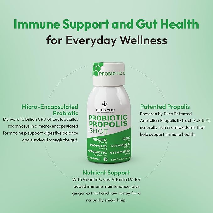 Bee and You Propolis Immune Shot Probiotic Vitamin C Vitamin D3 Zinc Ginger Immune Support Gut Health Digestive Health Bioactive 1.69 Fl. oz 12 Pack
