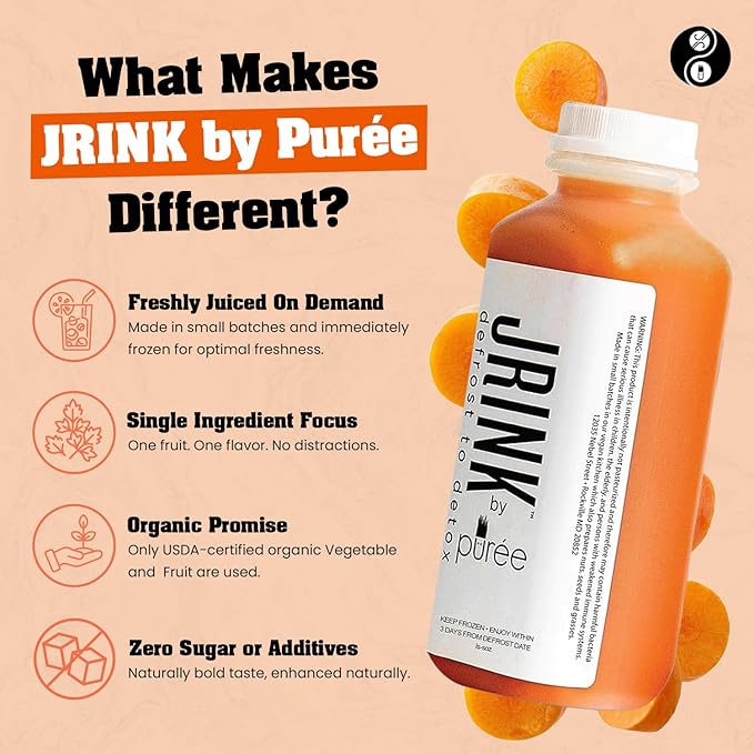 JRINK by Purée Organic Carrot Juice Cold Pressed Ginger Blend Healthy Cleanse Vegan Cold Press Beverage Non-GMO Organic Fruit and Vegetable Drink No Added Sugar 16 fl oz Bottles Pack of 24
