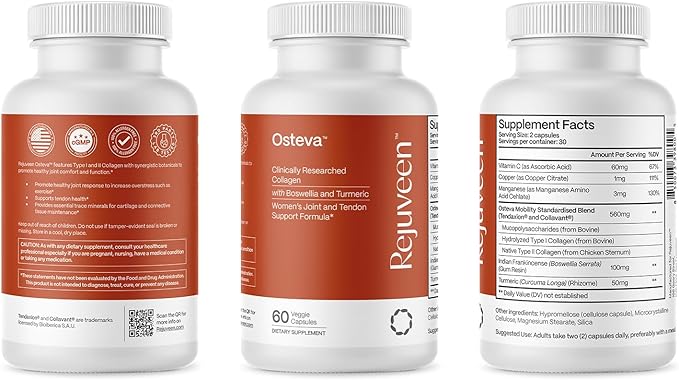 Osteva Joint Support Supplement for Women | High Potency Collagen Turmeric Boswellia | for Flexible Cartilage &amp Tendons Resilient Knees &amp Hip Improved Mobility | Non-GMO 60 Ct (2 Pack)