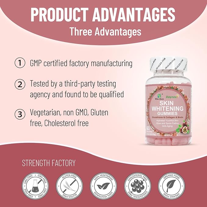Skin Whitening Gummies with Glutathione Collagen and Bioth Hydrated Youthful Skin Glow and Spots Fading Anti-Aging 60 Count