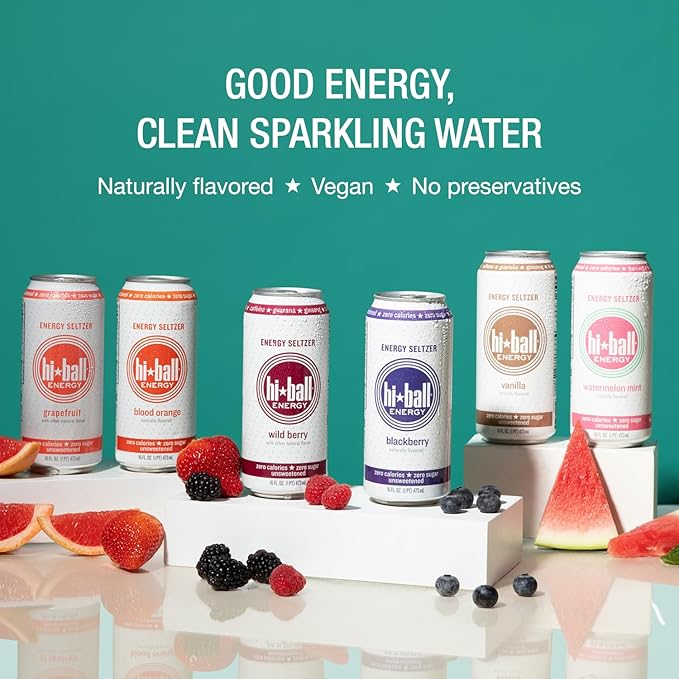 Hiball Clean Energy Drink - Blood Orange - Zero SugarZero Calorie Sparkling Water with 160mg Organic Caffeine50mg Organic Ginseng50mg-Organic Guarana and B Vitamins - 16 fl oz(Pack of 16)
