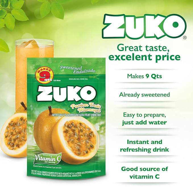 Zuko Passion Fruit Instant Powder Drink Family Pack 14.1 oz Pack of 6