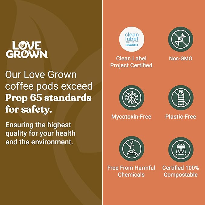 Love Grown Plastic-Free Coffee Pods 100% Arabica Single-Serve Cups Compostable Non-GMO - Compatible with Keurig Coffee Pods Machines and K-Cup Brewers Half-Caf Flavor Box of 15