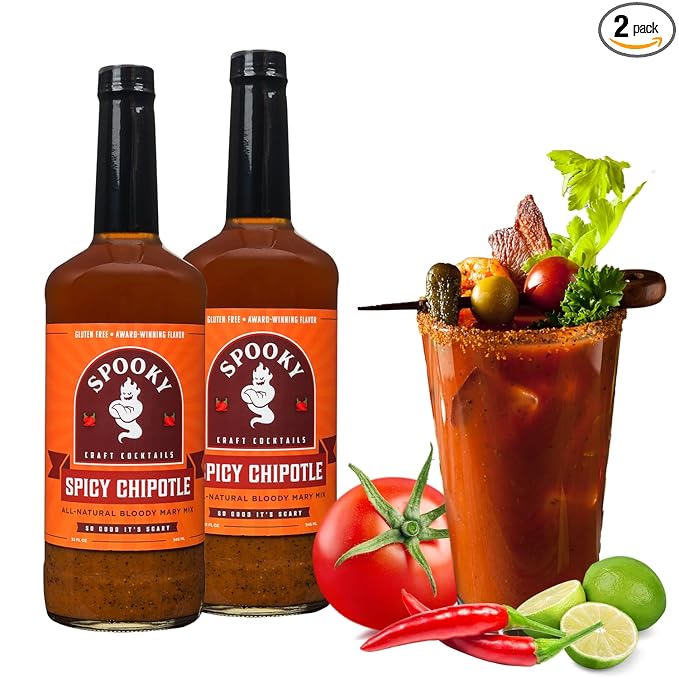 SPOOKY - Spicy Chipotle Bloody Mary Mix - Made With Premium Natural Ingredients - No Artificial Color or Flavor - No Preservative No MSG Low Carb Low Calorie &amp Gluten Free - 32 Oz (Pack of 2)