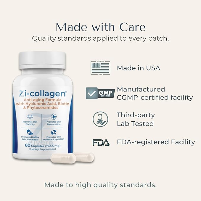 Zi-Collagen Marine Collagen Capsules for Skin Hair &amp Nails – Collagen Supplement with Phytoceramides Hyaluronic Acid Biotin &amp Vitamins A C D3 E – 60 Capsules