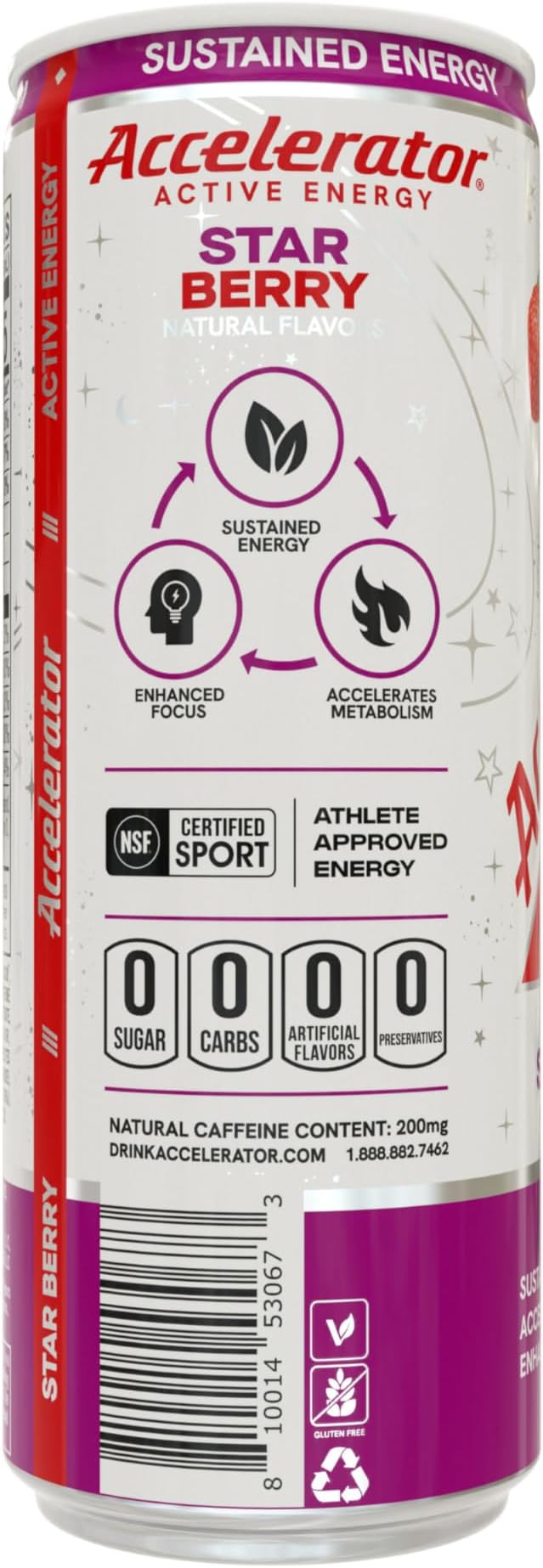 Accelerator Energy Drink Star Berry 12oz can (12 pack) Zero Sugar Sustained Energy from 100% Natural Caffeine (200mg from Green Coffee Bean &amp Green Tea extract)