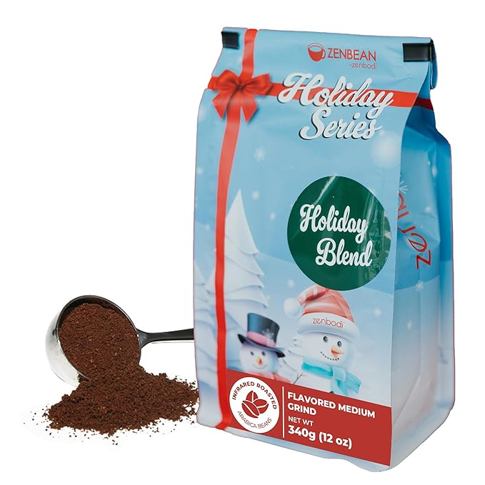 ZENBEAN Holiday Series Flavored Coffee Bundle - Pumpkin Spice Holiday Blend and Peppermint Mocha - Medium Grind Infrared Roasted Arabica Coffee Low Acid with Rhodiola Rosea and L-Theanine