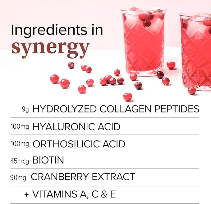 Essential Nutrition Collagen Skin - Hydrolyzed Collagen Peptides with Hyaluronic Acid Silicon &amp Biotin - Hair Skin &amp Nails - Cranberry - 11.9 oz (30 Servings)