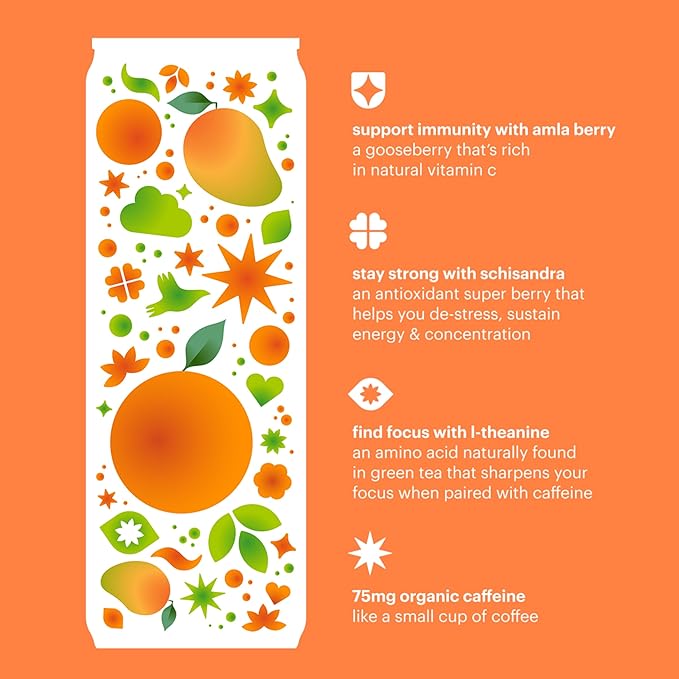 Heywell Sparkling Adaptogenic Water Energy and Uplift Orange Mango Flavor 12 Fluid Ounce (Pack of 12) - Non Caffeinated Organic Non GMO Vegan Gluten Free Dairy Free