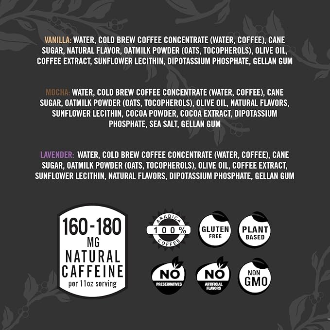 Great Lakes Variety Pack of Oat Milk Cold Brew Lattes Lavender Vanilla and Mocha Flavors 11 Ounce Cans Pack of 6
