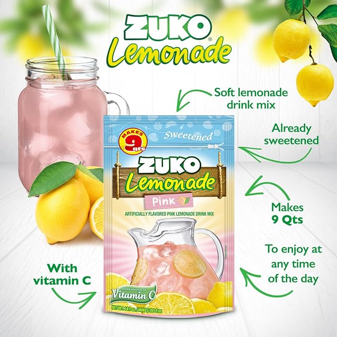 Zuko Pink Lemonade Powdered Drink Mix Family Pack No Added Sugar Needed 14.1 oz (Pack of 6)