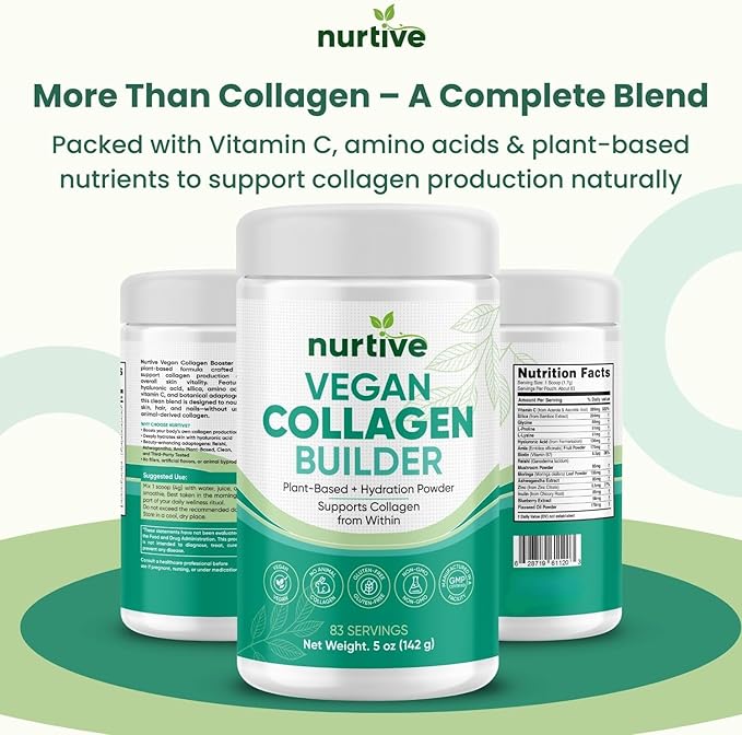 Vegan Collagen Builder Powder - 83 Servings - Gluten-Free Plant-Based Collagen Support with Hyaluronic Acid Amla Reishi Ashwagandha - Skin Hydration Hair &amp Nail Strength (5oz/142g)