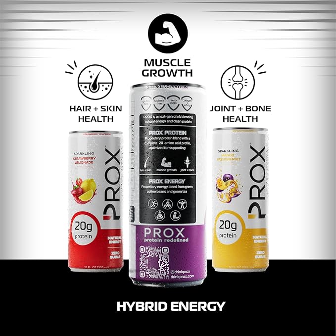 PROX Hybrid Energy Drink with 20g Protein Zero Sugar 200mg Natural Caffeine 90 Calories 12 Pack (Mixed Berry)