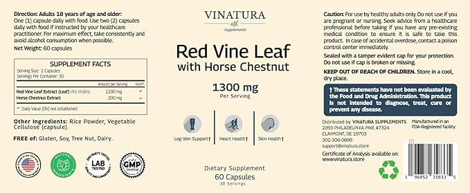 VINATURA Red Vine Leaf Extract - Horse Chestnut 1300mg/serving *USA Made and Tested* Circulation and Vein Support for Healthy Legs - Helps Blood Flow Leg Circulation - 60 Capsules (30 Servings)