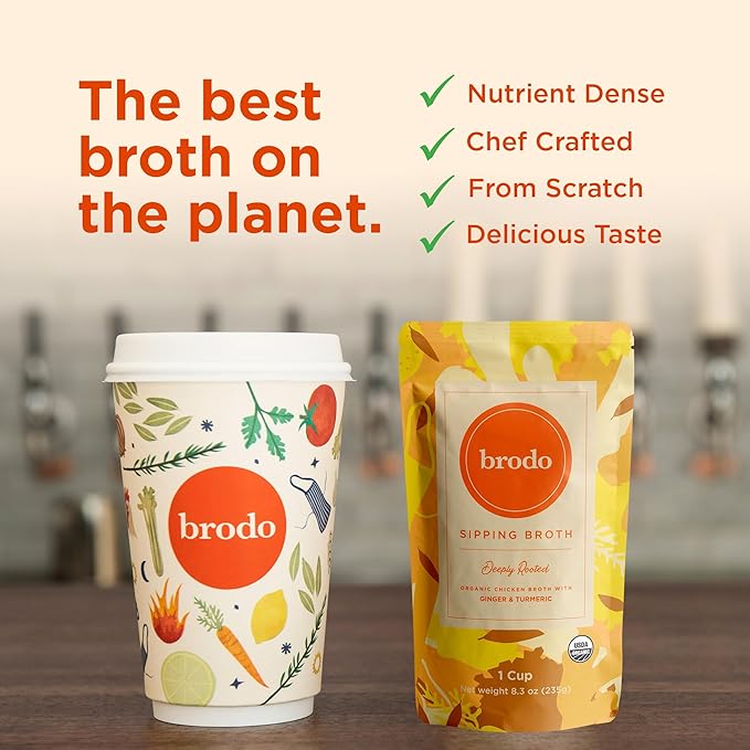 Brodo Deeply Rooted Organic Chicken Broth with Turmeric &amp Ginger Nutrient-Rich Chicken Bone Broth Organic High in Protein and Collagen for Wellness and Cooking (6x 8.3 oz. Pouches)