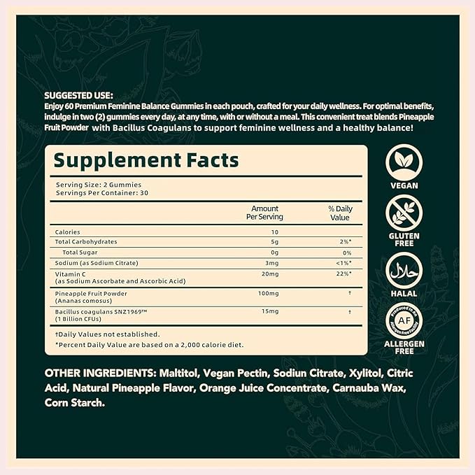 Feminine Balance Gummies - Pineapple Probiotics for Women for Premium Women’s Health &amp Wellness-Immune Support Hawaiian Pineapple60 Gummies (30 Servings)