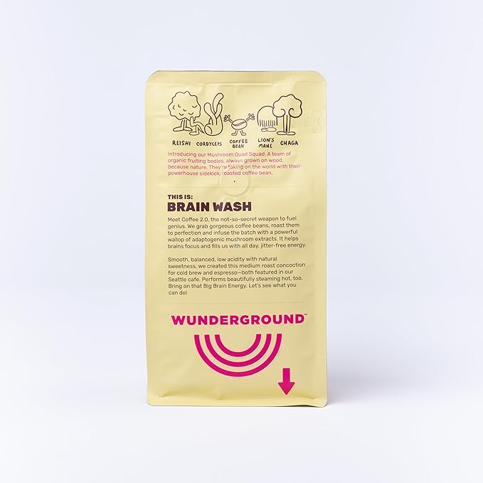 Wunderground's Brain Wash Medium Roast Organic Whole Bean Coffee with Mushroom SuperBoost (1 kg Bag)