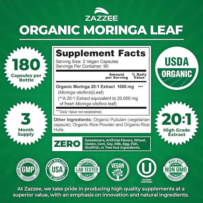 Zazzee USDA Organic Moringa Leaf 20:1 Extract 180 Vegan Capsules 3 Month Supply Certified Kosher Moringa Oleifera Antioxidant Immune &amp Cellular Support Superfood Supplement Made in the USA
