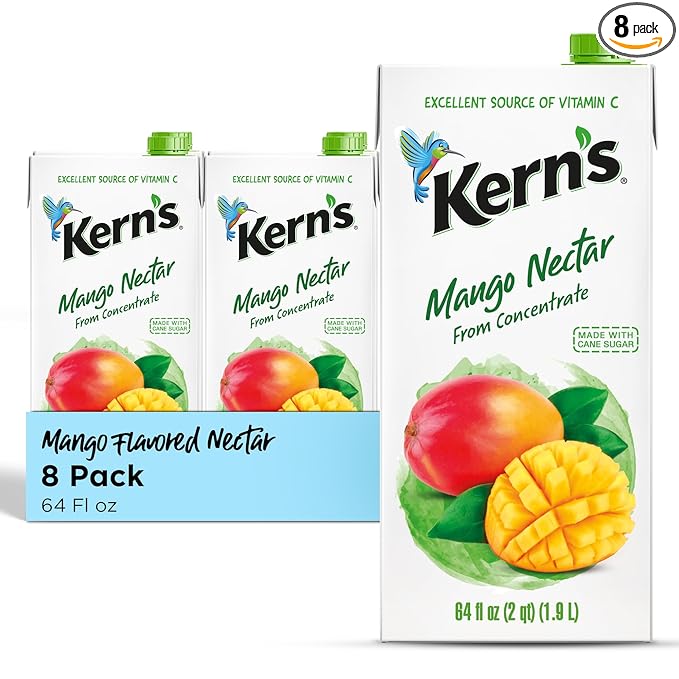Kern’s Mango Juice Nectar - Mango Nectar Made with Fresh Fruit Puree - Tropical Fruit Juice Concentrate for Smoothie Mix Cocktail Mixers &amp Kids Drinks &amp Beverages - 64oz 8 Pack Carton