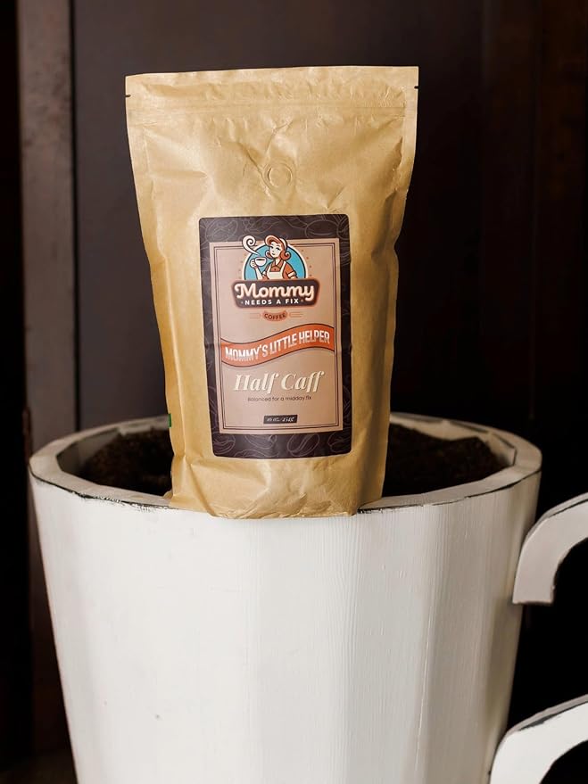 Mommy Needs A Fix Half Caff Whole Bean Coffee | 100% All Natural Arabica Beans | Medium Roast | Chemical Free Swiss Water Process | Pregnancy &amp Breastfeeding Friendly | Roasted in the USA | 1 lb