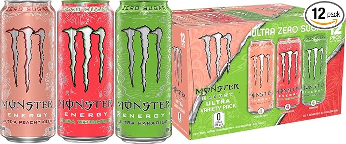 Monster Ultra Variety Pack Ultra Watermelon + Ultra Paradise + Ultra Peachy Keen 16 fl oz Pack of 12