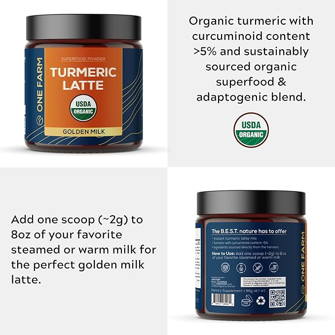 Turmeric Latte Powder - USDA Organic &gt5% Curcuminoid Turmeric Lions Mane Ashwagandha Ginger Cinnamon in a Resealable Glass Jar 45 Servings - Perfect for Making Golden Milk