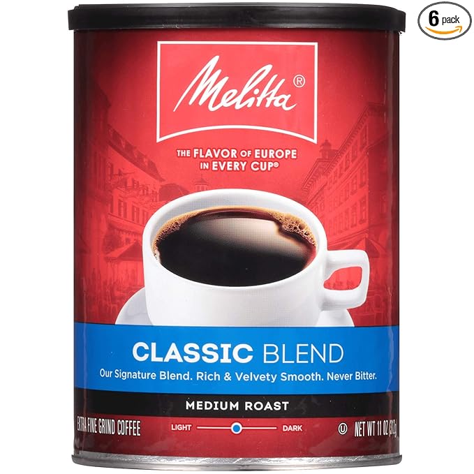 Melitta Classic Blend Coffee Medium Roast Extra Fine Grind 11 Ounce Can (Pack of 6) 66 Ounces Total