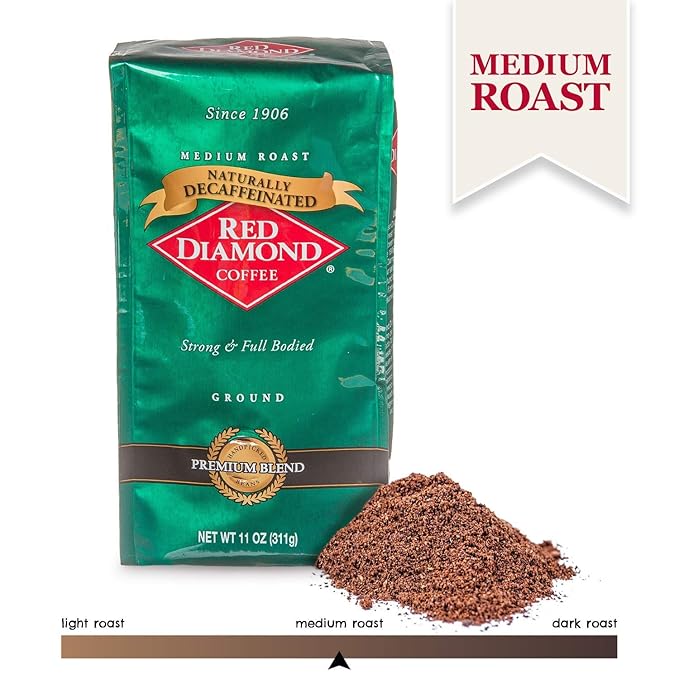 Red Diamond Ground Coffee Decaffeinated Medium Roast 100% Arabica Premium Beans Strong &amp Full-Bodied Flavor 11 Ounce Resealable Bags (4 Pack)