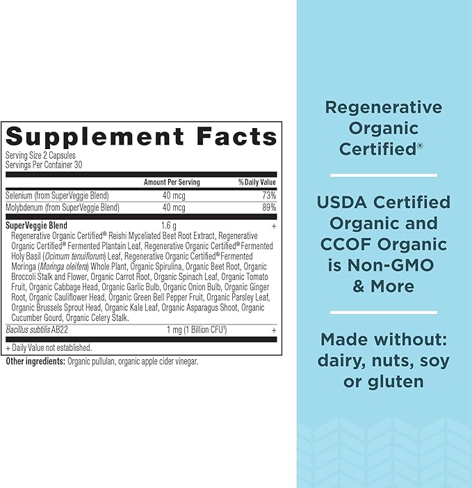 Ancient Nutrition Regenerative Organic Certified SuperVeggies Capsules Supports Gut and Immune System Health Made with Probiotics Kale Broccoli and Spinach 60 Count