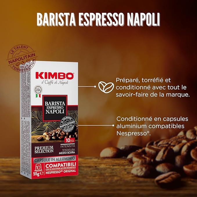 KIMBO - Barista Espresso Napoli Coffee - Coffee Capsule - Authentic Italian Coffee - Intensity 10 / Medium-Dark Roast - Box of 100 Capsules Compatible With Nespresso