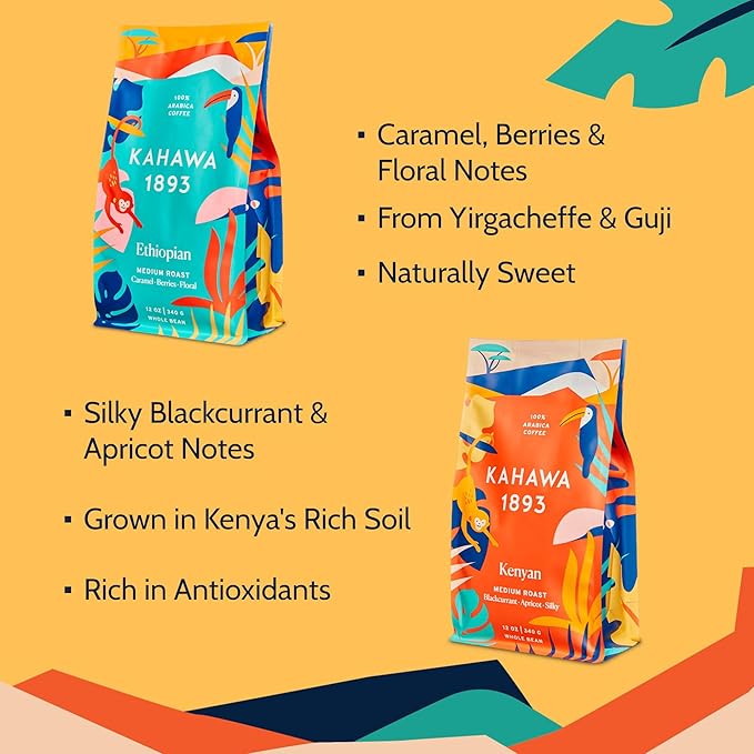Kahawa 1893 Whole Bean Coffee Combo Pack Kenyan Ethiopian Safari &amp Serengeti Blend (12 Oz) - As Seen on Shark Tank Naturally Sweet Organically Grown Ethically &amp Sustainably Sourced