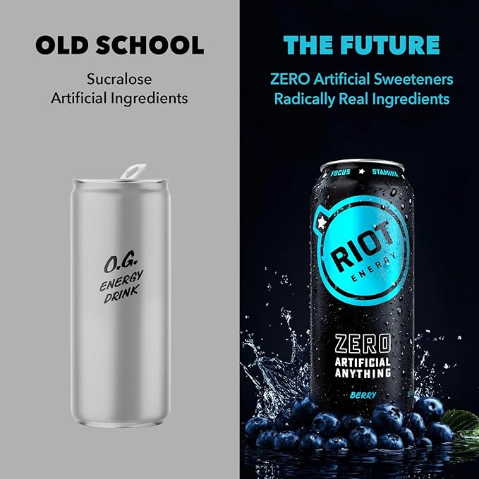RIOT Clean Energy Drink – Berry | No Sucralose No Sugar Added No Artificial Flavors | 160mg Natural Caffeine + 100mg L-Theanine | Clean Focus Stamina &amp Smooth Energy | 16 Fl Oz (Pack of 12)