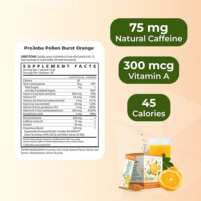 Youngevity ProJoba Pollen Burst™ - Clean Natural Energy Supplement w/Green Tea Pollen Extract GliSODin® - Increase Focus Brain Boost Endurance Mental Clarity (30 Sticks)