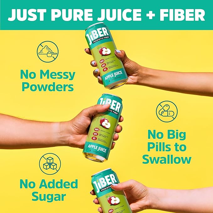 JIBER High Fiber Apple Juice Drink - No Sugar Added - 12 fl oz Apple Juice Cans with 40% Daily Fiber - Prebiotic Drink- Healthy Drinks for Kids - Juice for Teens Adults &amp Seniors (12 Pack)