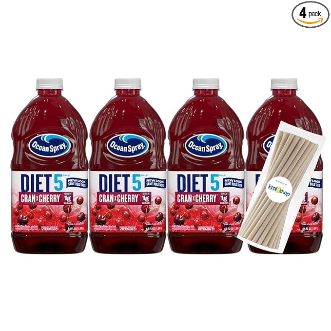 Ocean Spray Diet Cran Cherry Juice Drink 64 fl oz Plastic Bottle 4 Pack + 15 Sugarcane Disposable Straws by KOOL8SHOP Infinite Deals