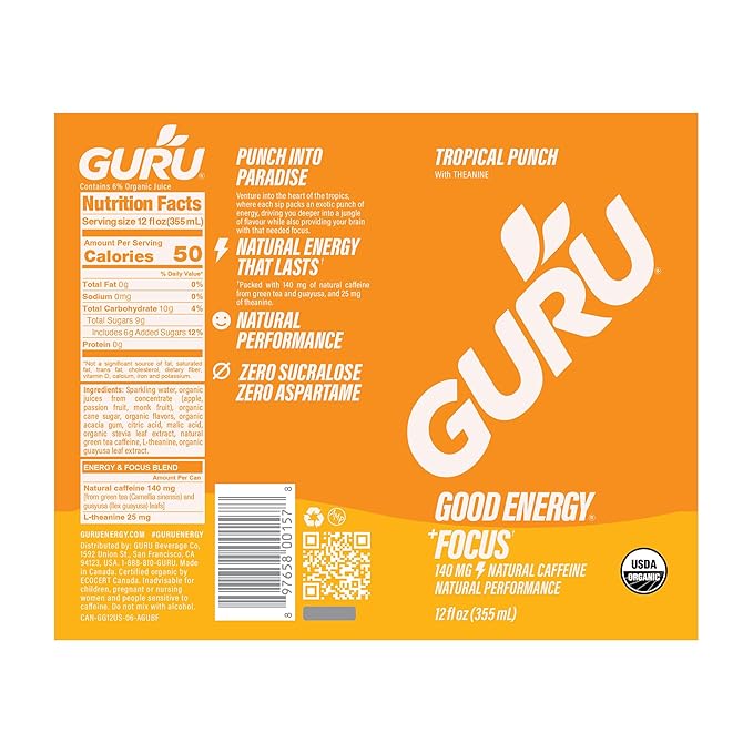 GURU Tropical Punch Organic Energy Drinks Clean Energy Drink with Plant Based Natural Caffeine from Green Tea + Focus with L Theanine Gluten Free 140MG Caffeine Healthy Drinks 12oz (Pack of 12)