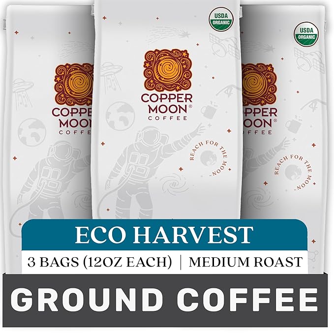 Copper Moon Ground Coffee Organic Eco Harvest Blend Medium Roast 3 Bags (12 oz. Each)