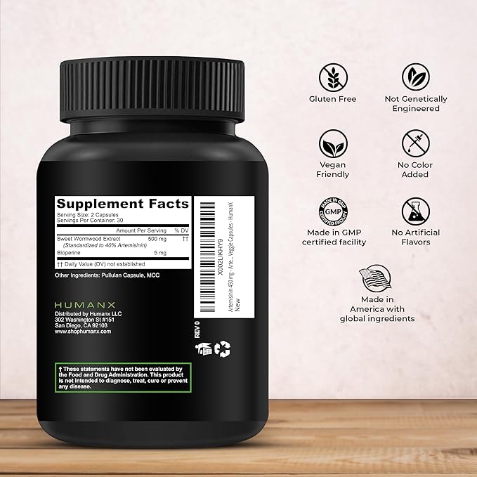 HUMANX Artemisinin 505mg with Bioperine for Greater Absorption - Supports Healthy Aging Digestion and Immunity - USA Third Party Tested - Vegan Non-GMO - Artemisia Annua - Sweet Wormwood Extract