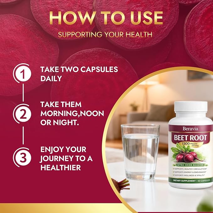 Beetroot Capsules Containing 1300mg of Beetroot Per Serving Help Boost Energy and Improve Blood Circulation Vegan Non-GMO and Gluten-Free - 60 Capsules