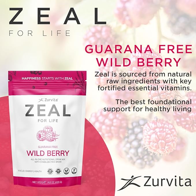 Zurvita - Zeal for Life 30-Day Wellness Bag - Wild Berry (Guarana Free) - Nutritional Supplement for Vitality Immunity and Wellness - 420 Grams