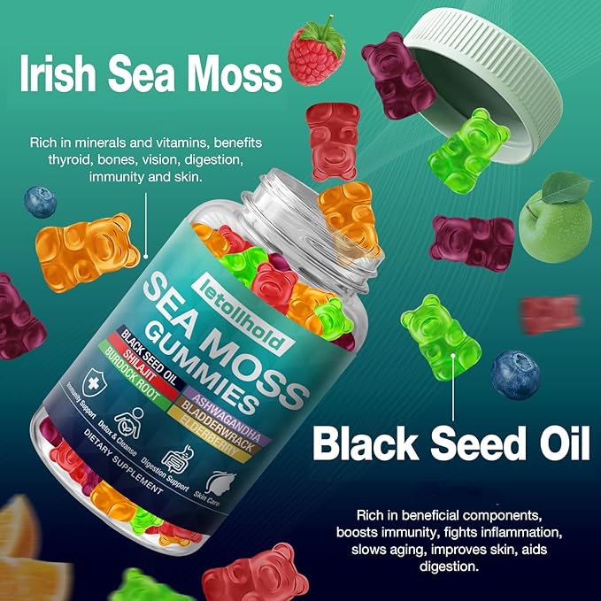 Sea Moss Gummies - Irish Sea Moss Gummies Advanced for Adults with Ashwagandha Bladderwrack &amp Burdock Root for Supports ImmuneEnergy - 60 Vegan Gummy5PCS