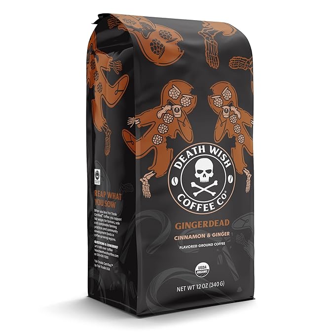 Death Wish Coffee Co. - Flavor Variety Pack - Flavored Coffee Grounds - Extra Kick of Caffeine - Pumpkin Chai Gingerdead and Blue &amp Buried (Flavor Variety Pack)