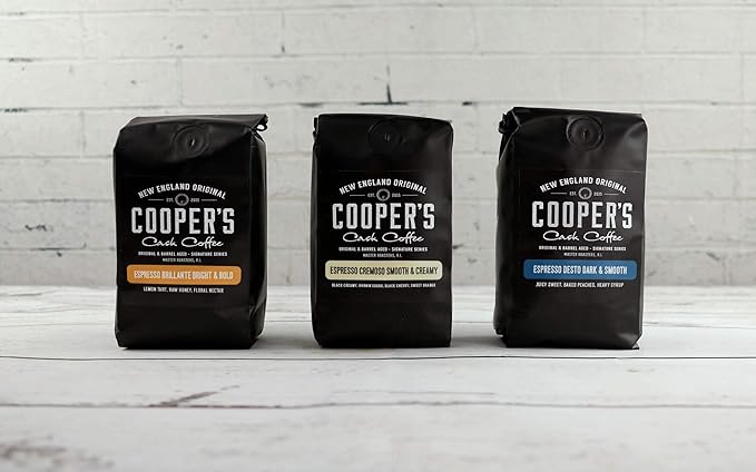 Espresso Coffee Box Set (Brazilian Kenya Ethiopian Profile For Espresso) 3 Bags Ground Coffee 24oz and Bourbon &amp Whiskey Barrel Aged Coffee - Ground - 4 Bag Coffee Set 16oz